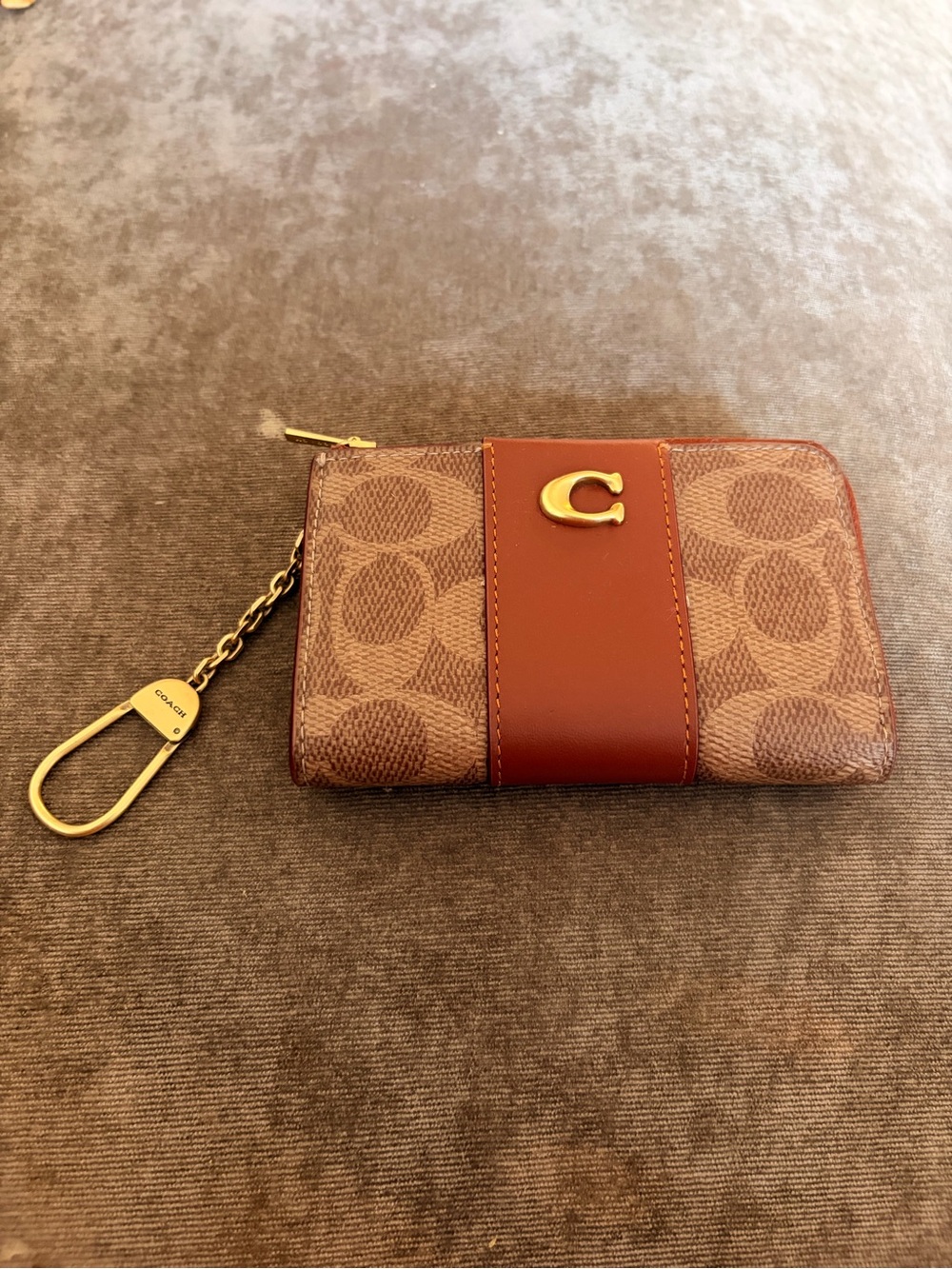 Coach Gold-Tone Chain Key Clip with Brown Trim